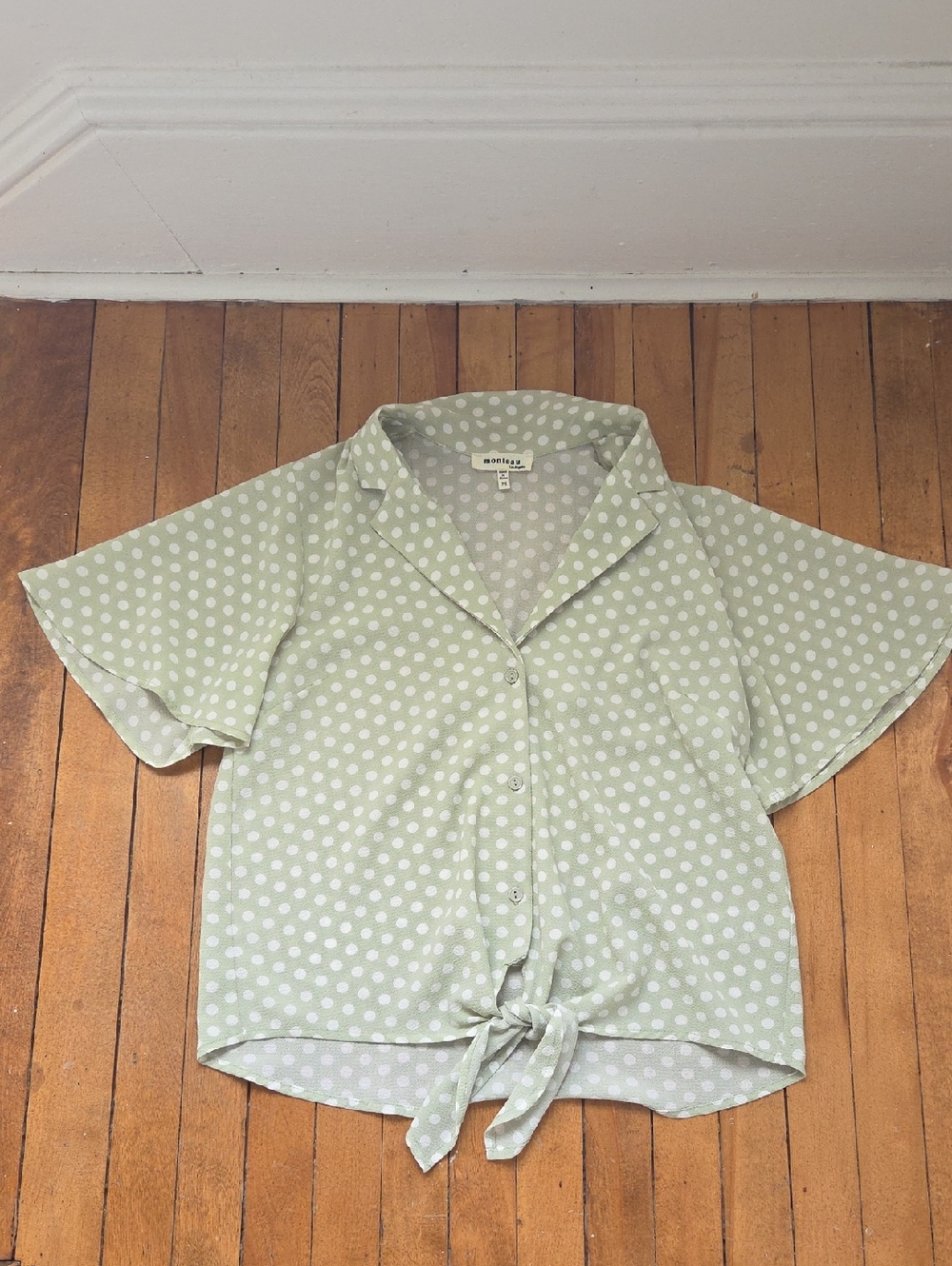 Monteau Green Polka Dot Tie-Front Blouse